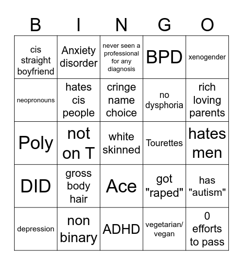 AFAB MENTAL ILLNESS BINGO Card
