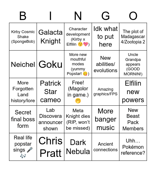 Kirby Star-Crossed World Bingo Card