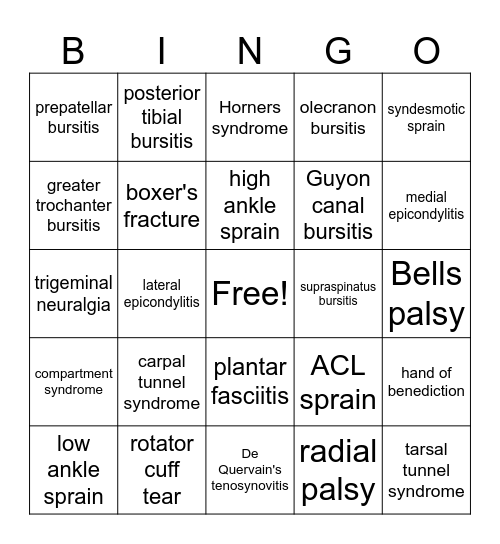 MSS1 Clinical Correlate Bingo Card