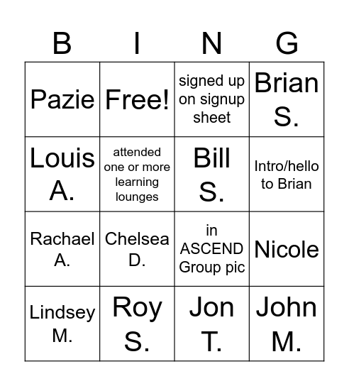 Answer key Bingo Card
