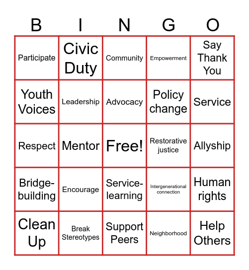 SERVICE BINGO – Volunteerism & Civic Engagement Bingo Card