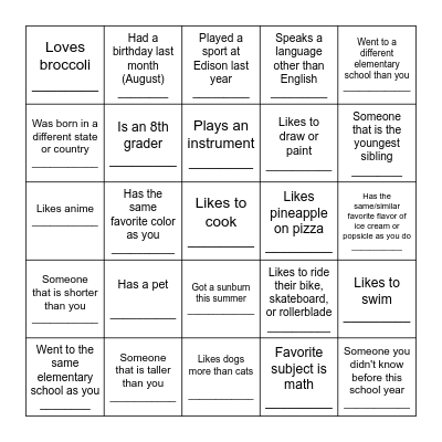 Classmate Scavenger Hunt--Try not to get any repeats! Bingo Card