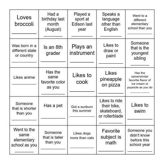 Classmate Scavenger Hunt--Try not to get any repeats! Bingo Card