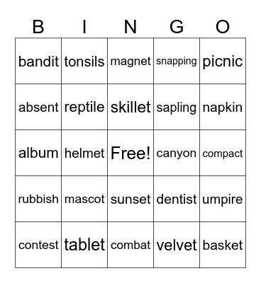 syllable division Bingo Card