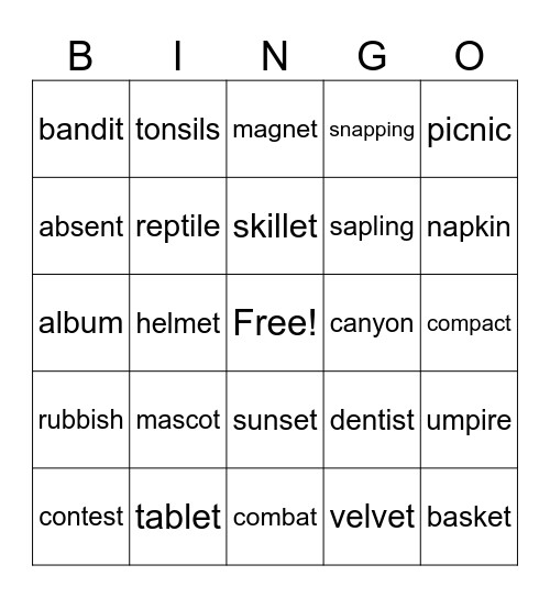 syllable division Bingo Card