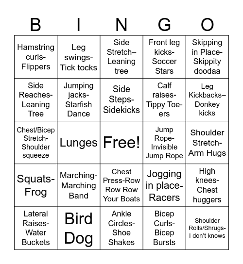 Fitness Bingo Card