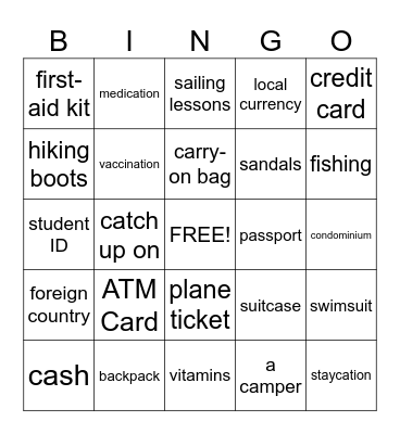 Vacation Bingo Card