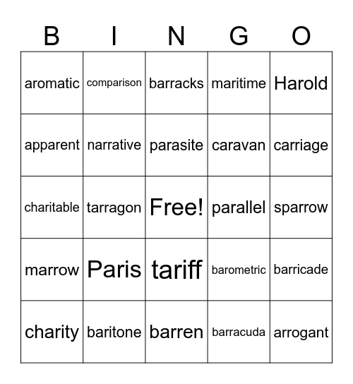 -ar, -arr Bingo Card