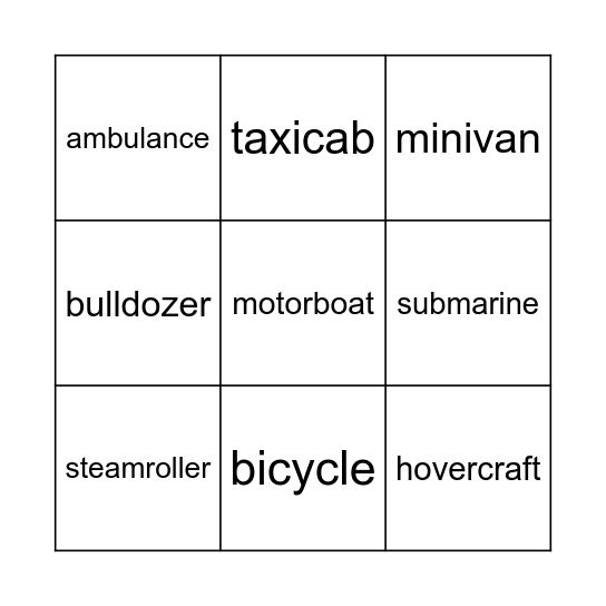 Vehicles Bingo Card