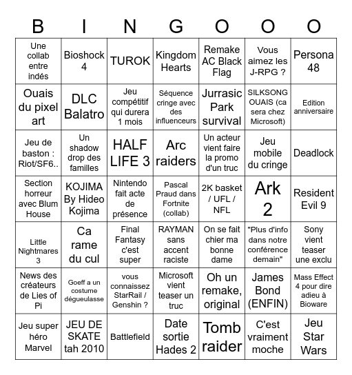 Summer game fest Bingo Card