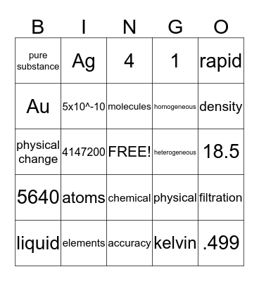 Matter and Measurement Bingo Card