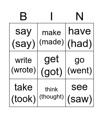 irregular verbs in the past Bingo Card