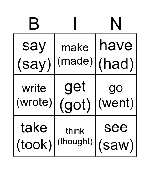 irregular verbs in the past Bingo Card