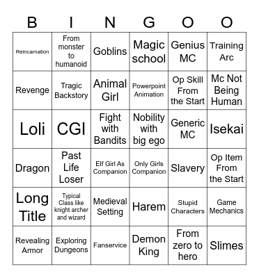 Fantasy Anime Bingo Card