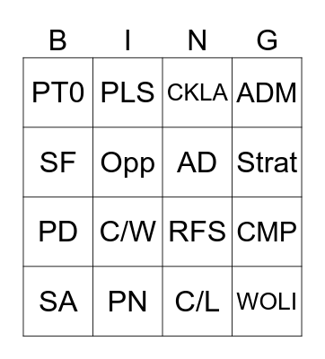 Acronym Bingo: PD Ops Bingo Card