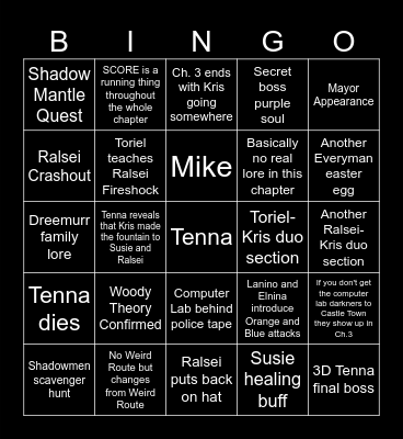 Deltarune Chapter 3 Bingo Card