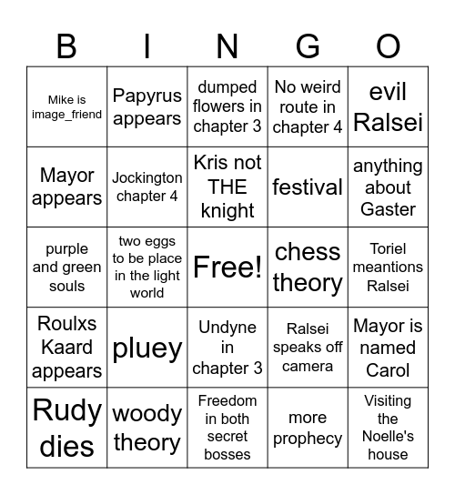 Deltarune Bingo Card