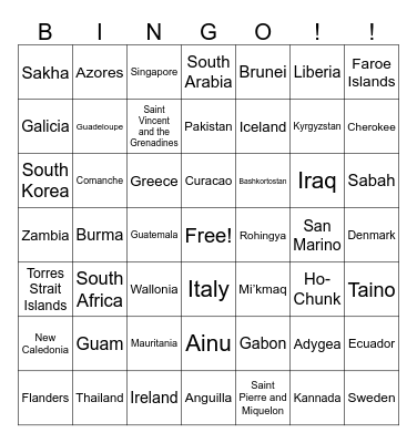 Countries, Regions, Ethnic groups, Tribes, Provinces and Islands Bingo Card