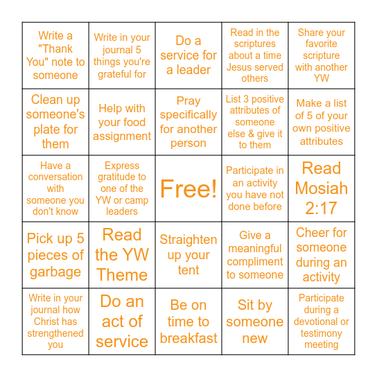 Girls Camp BINGO Card