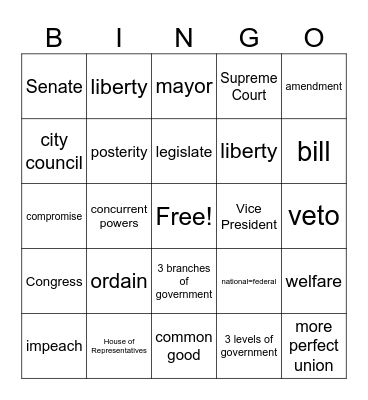 US CONSTITUTION BINGO Card