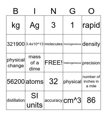 Matter and Measurement Bingo Card