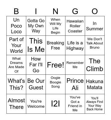 Disney Singo Bingo Card