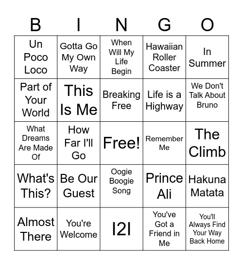 Disney Singo Bingo Card