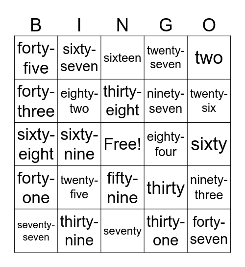 Number Bingo Card