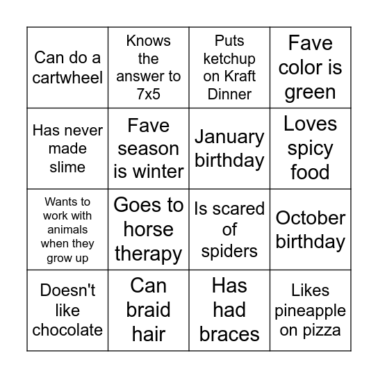 Get To Know You! Bingo Card