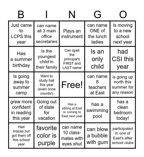 END OF YEAR BINGO Card