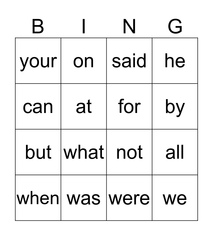 List A Words Bingo Card