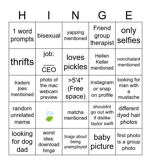 Hinge Bingo 2.0 Bingo Card