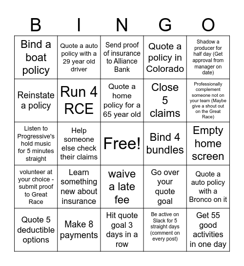Personal Lines Bingo Card