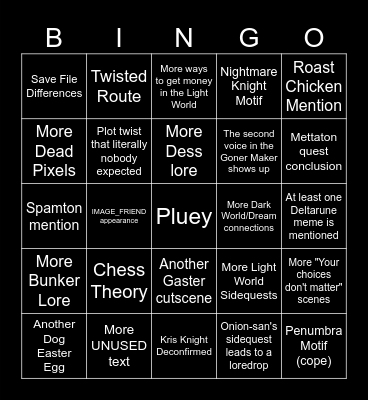 Deltarune Chapter 3+4 Bingo Card