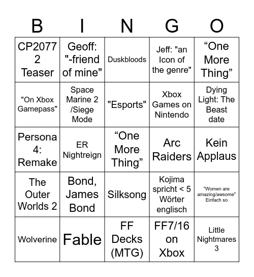 Summer Game Fest 2025 Bingo Card