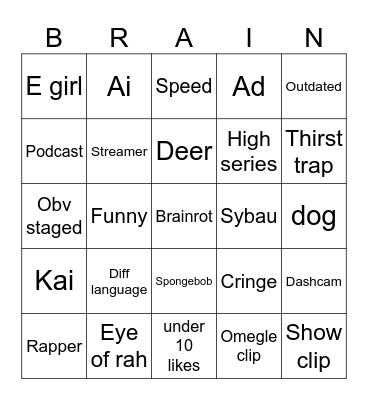 Yt shorts bingo Card