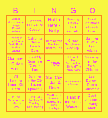 Summer Hits Bingo Card
