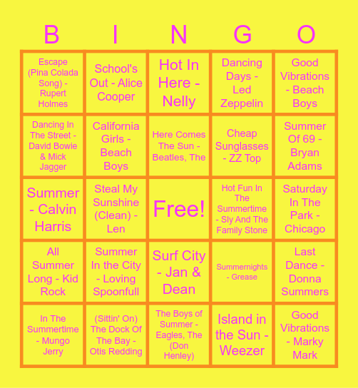 Summer Hits Bingo Card