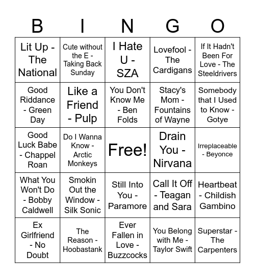 Messy Love Bingo Card
