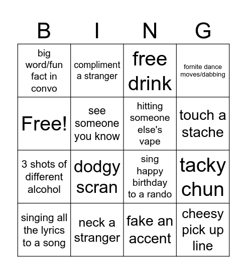 mega night out Bingo Card