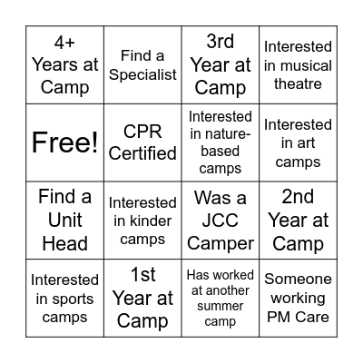 Camp Staff Bingo Card