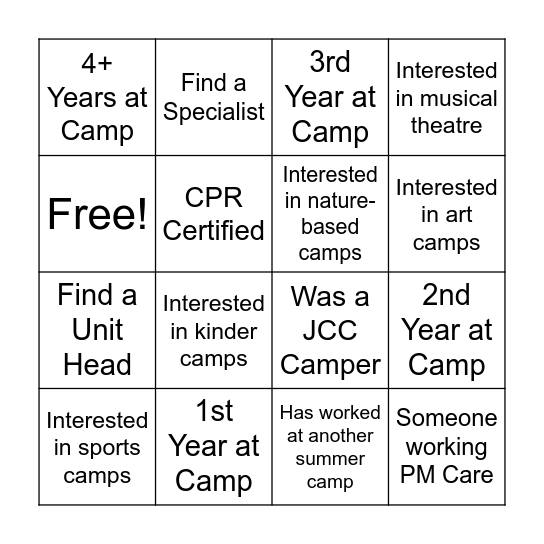 Camp Staff Bingo Card