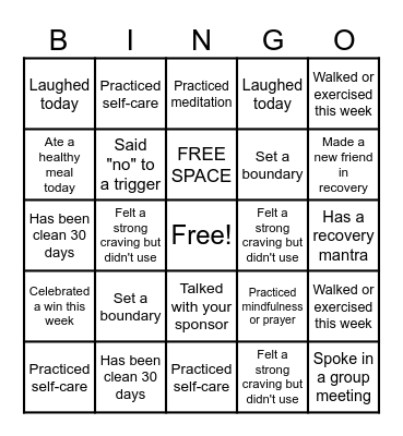 Recovery Bingo Card