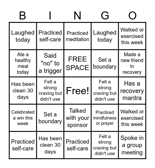 Recovery Bingo Card