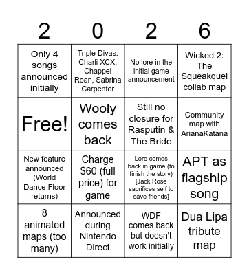 Just Dance 2026 Predictions Bingo Card