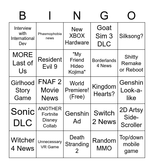 Summer Games Fest 2025 Bingo Card