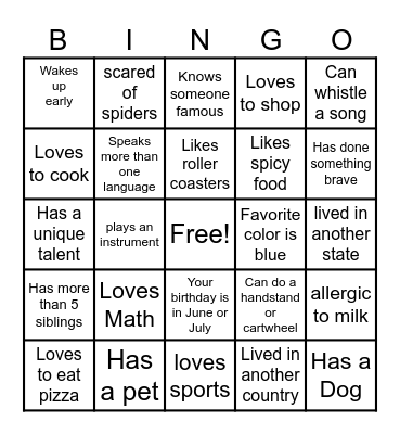Capo's Getting To Know You Bingo Card