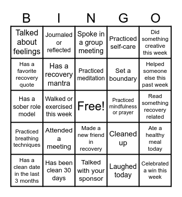 Recovery Bingo Card