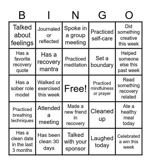 Recovery Bingo Card