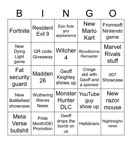 Summer Games Fest 25 Bingo Card